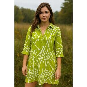 Snapdragon & Twig Green White Abstract Dot Print Cotton Shirt Dress – Size M